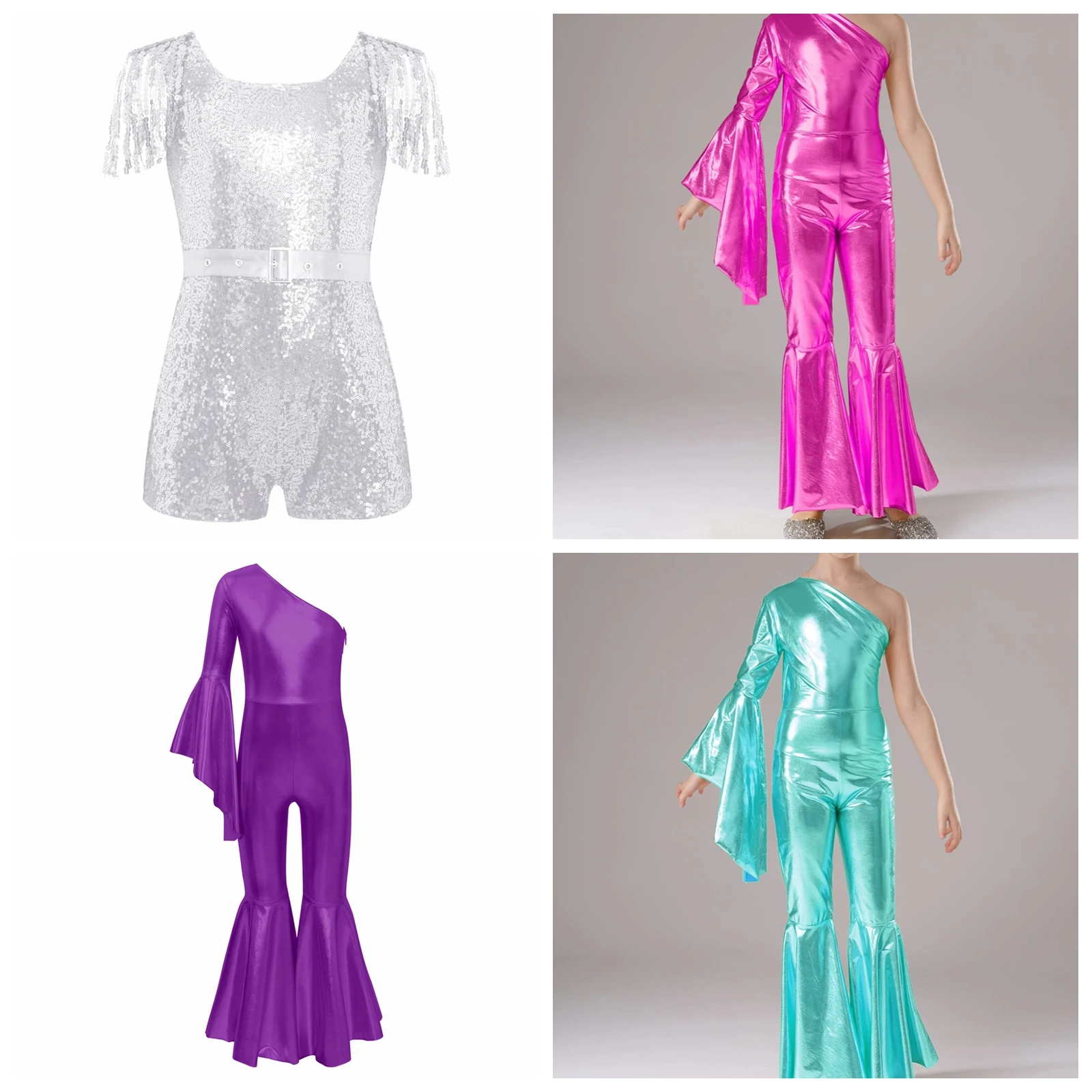 Metallic Jumpsuit Children Performance Dance Costume Kids Girl 60s 70s Hippie Party Outfits Music Festival Disco Costume