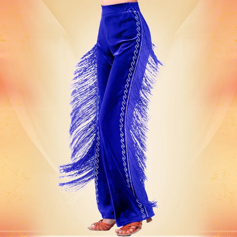 Fringe Pants Latin Dance Women Practice Clothes Cha Cha Samba Tango Dance Wear with Tassels Velvet Trousers Rhinestone Pant