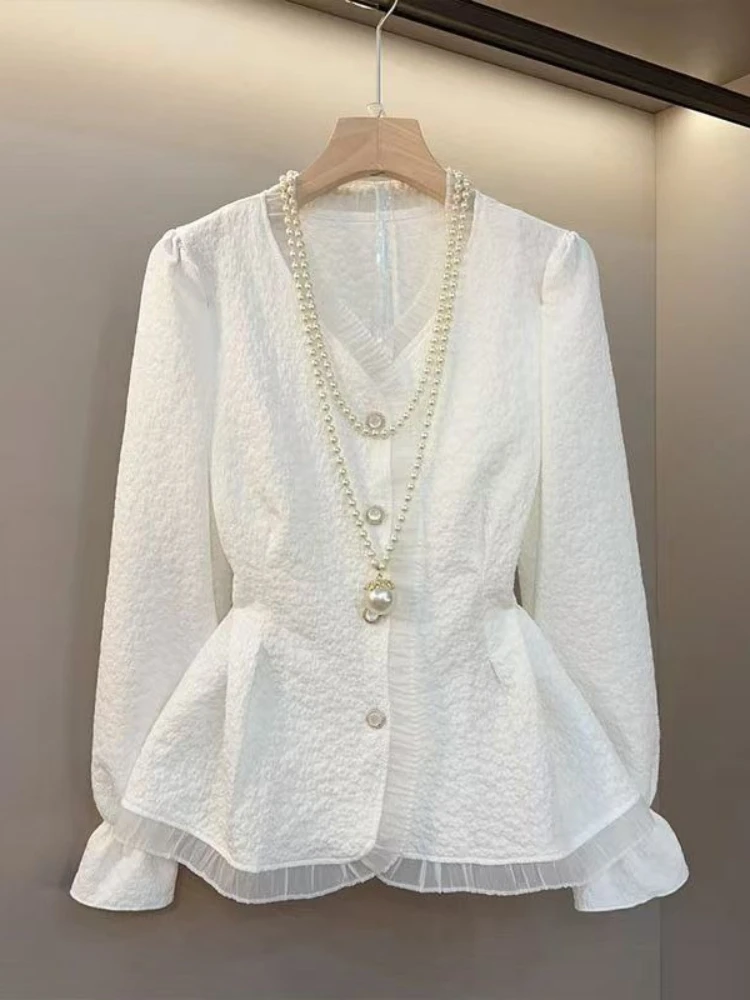 Spring Autumn Shirts V Neck Flare Sleeve Lace Patchwork Solid Slim Waist Blouses Fashion Elegant Tops Design Women's Clothing