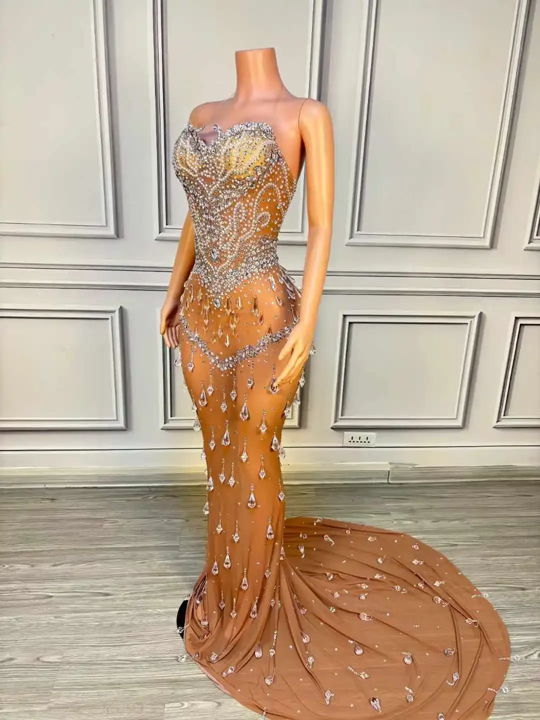 فستان بطول الأرض بدون ظهر من حجر الراين اللامع للنساء لأعياد الميلاد والسهرات والحفلات الراقصة والزفاف أنيق للاحتفال بملابس مسرح الكرنفال #4