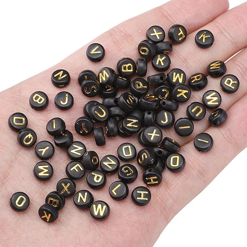 50pcs 4x7mm Black Flat Round Gold Color A-Z Alphabet Letter Acrylic Loose Spacer Beads for Jewelry Making Diy Bracelets Findings