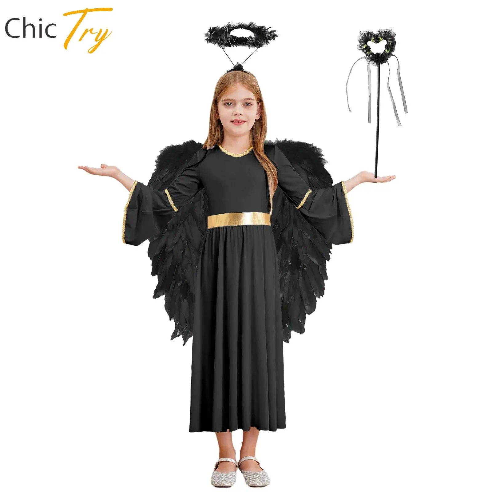 

Angel Cosplay Costume Kids Girls Halloween Cosplay Costume Angel Dress Up Stage Dress with Wings Headband And Fairy Sticks Set