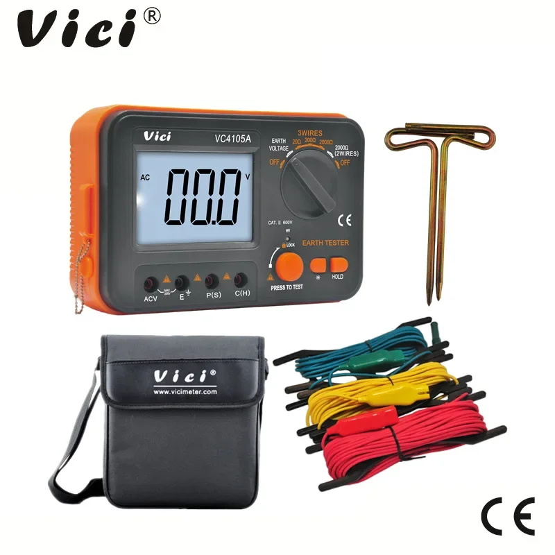 VICI VC4105A Digital Earth Resistance Tester LCD Isolamento Medidor de tensão de resistência à terra Ferramenta de instrumento de haste relâmpago