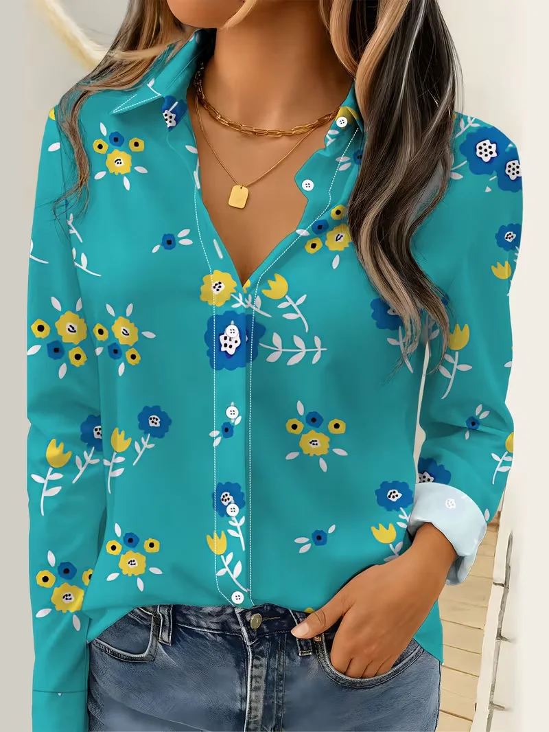 Autumn Abstract Pattern Print Blouse Ladies Long Sleeve Button Laple Loose Shirt Tops Casual Fashion Spring Women's Clothing New