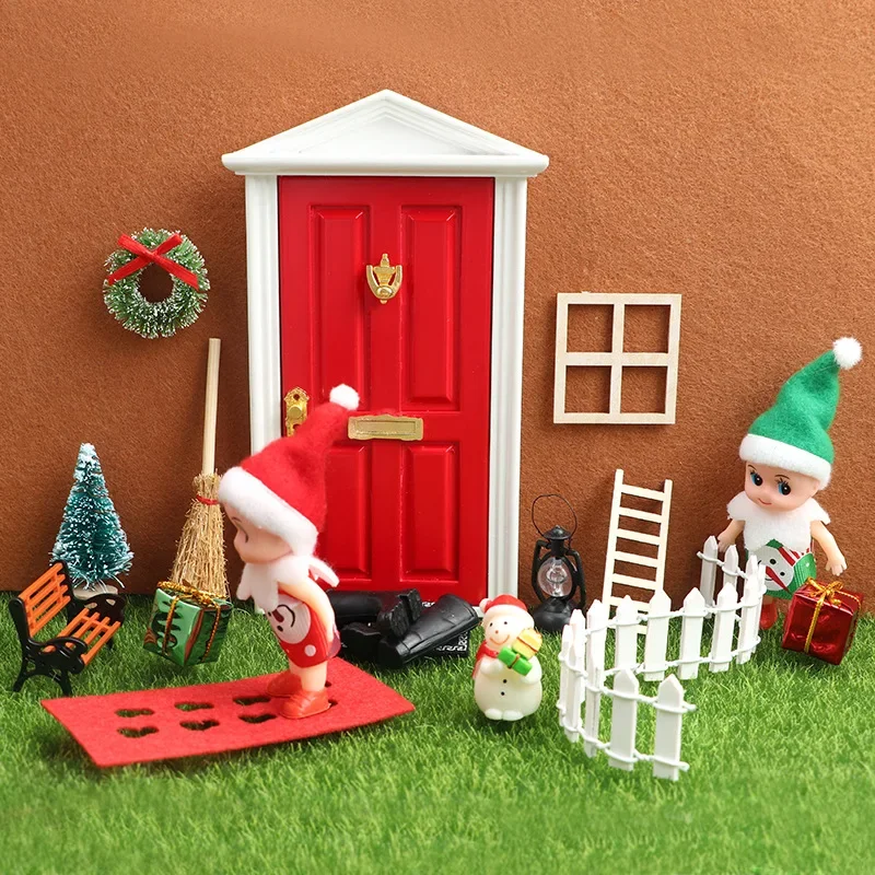 Dollhouse Miniature Items Elf Christmas Set Mini Sled Christmas Tree Wreath Doll House Outdoor Accessories Desktop Ornament Toys