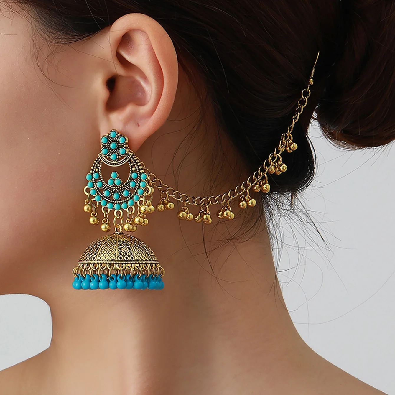 Ethnic Indian Gold Tone Filigree Green Gemstone Jhumka Earrings With Hair Chain Link Statement Traditional Festival Jewelry