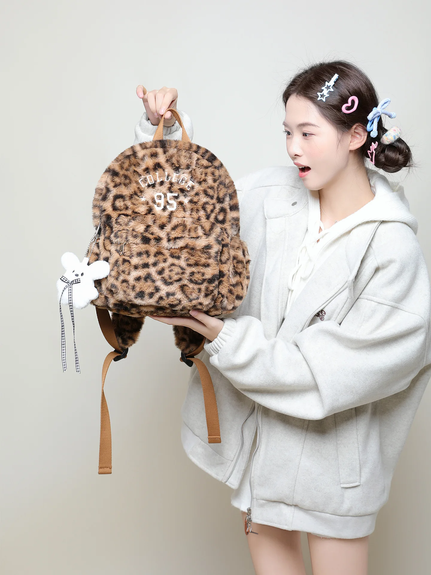 2026 Leopard Print Backpack, Stylish Plush Backpack for Female College Students, Lamb Wool Backpack