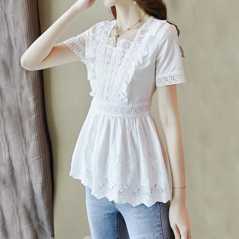 Solid Color Hollow Out Lace Spliced Elegant Women\'s Shirt Summer New Fashion Embroidery Ruffles Female Short Sleeve Slim Blouses