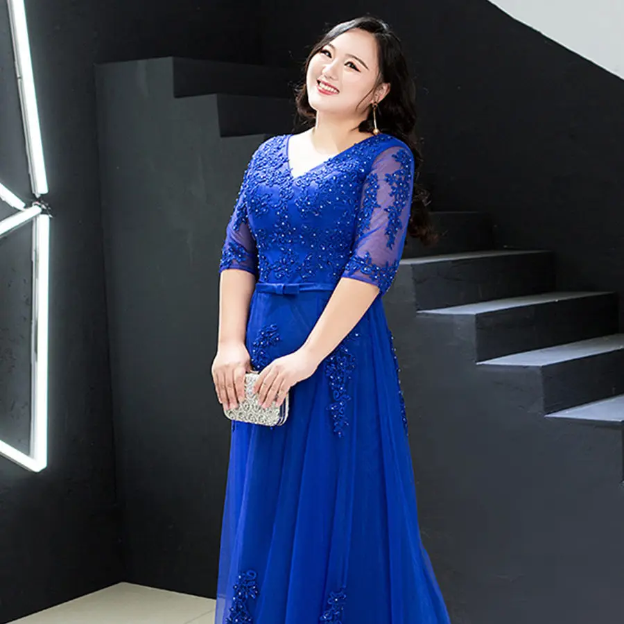 Evening Dress Royal Blue Beading T357 V-Neck Robe De Soiree Half Sleeves A-line Floor Length Plus size Women Party Formal Gown