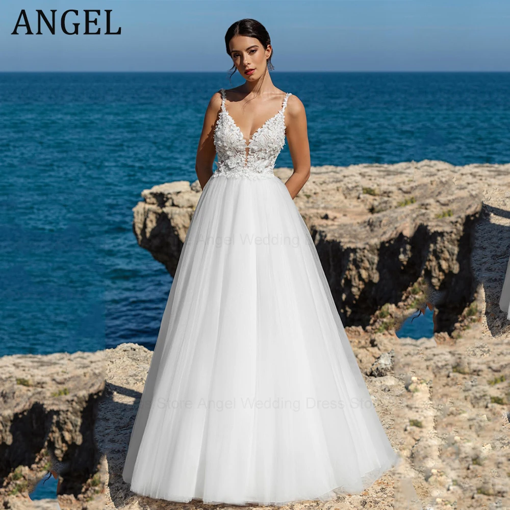 

Элегантные свадебные платья ANGEL по индивидуальному заказу, новинка 2025, трапециевидное платье с v-образным вырезом без рукавов и тюлевой аппликацией, свадебное платье с открытой спиной, Vestido de Novia