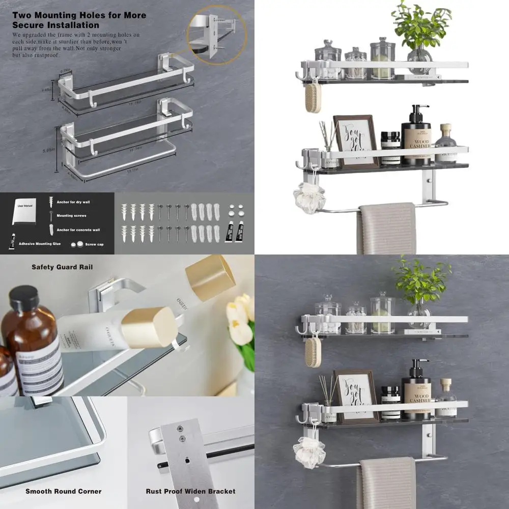 

Двухуровневая полка для ванной комнаты из закаленного стекла с вешалкой для полотенец и 4 съемными крючками