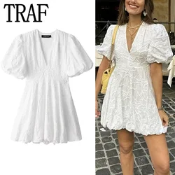 TRAF Embroidery White Dresses Woman Summer Short Dresses For Women Puff Short Sleeve Mini Dress 2024 Voluminous Holiday Dress