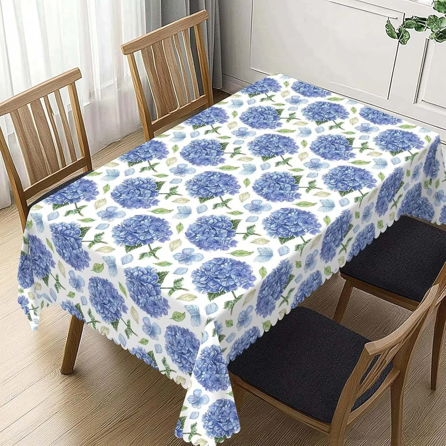 Watercolor Blue Hydrangea Flower Tablecloth, Spring Floral Rectangular Washable Table Cover for Home Dining Kitchen Party