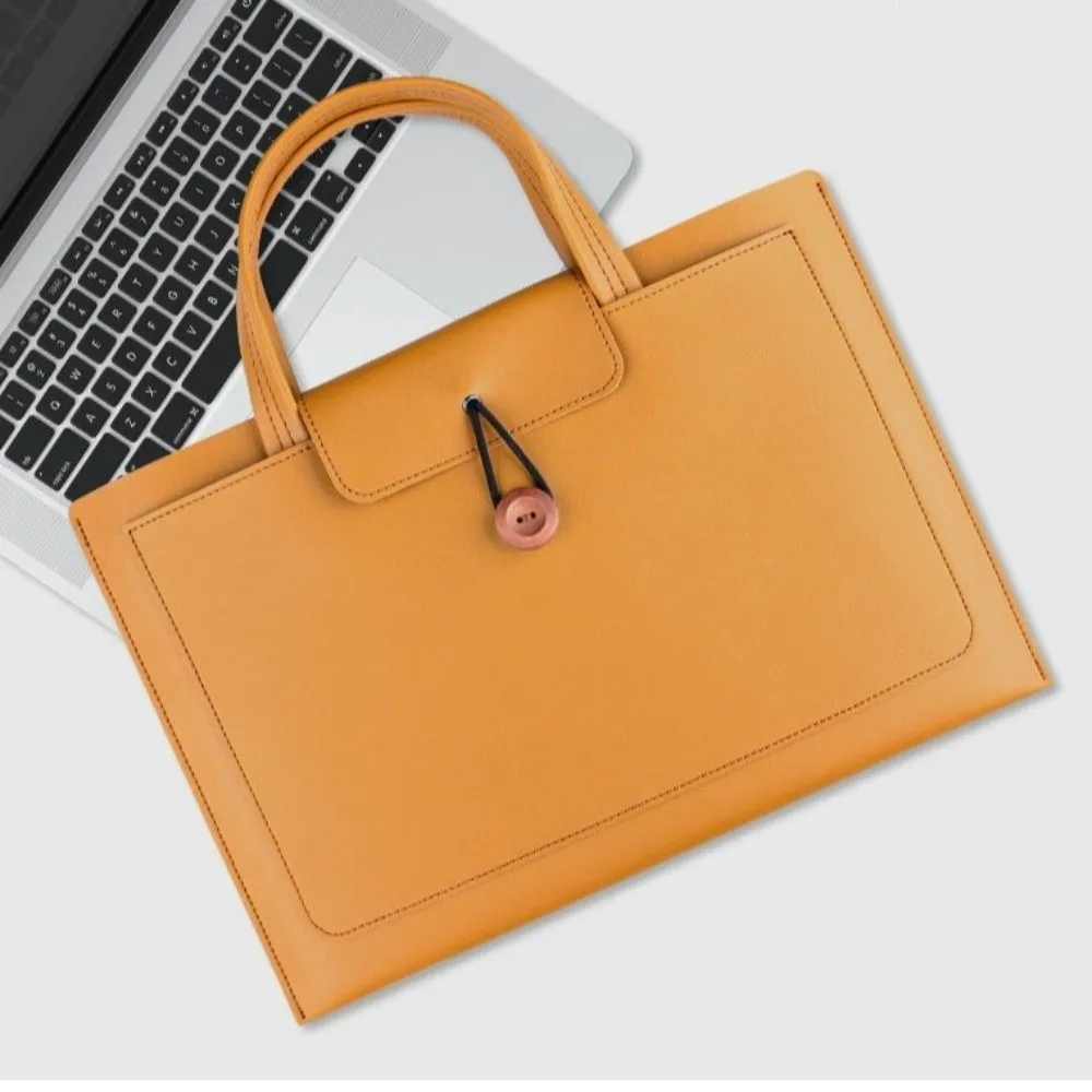 Portable Large Capacity Laptop Bag Rectangle PU Handheld Bag With Storage Pocket Solid Color Carrying Case Business Use