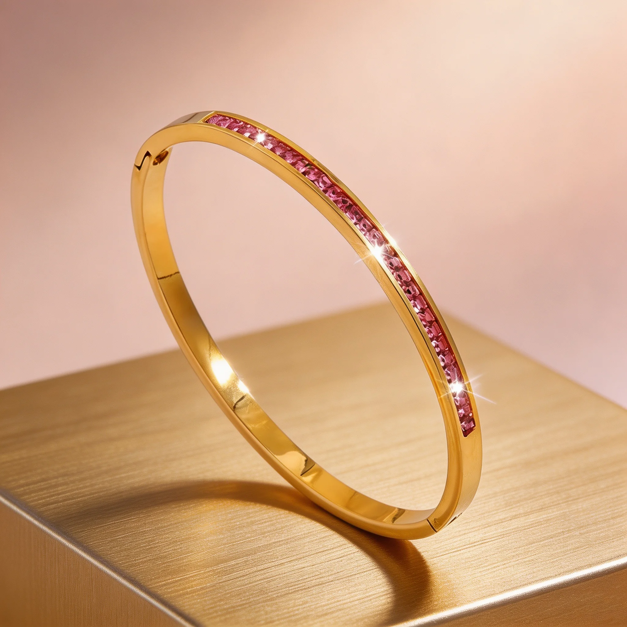 Brazalete de cristal rosa con baño de oro de 18 quilates para mujer, brazalete de lujo con incrustaciones de pedrería fucsia, elegante, apilable, ideal para bodas y fiestas.