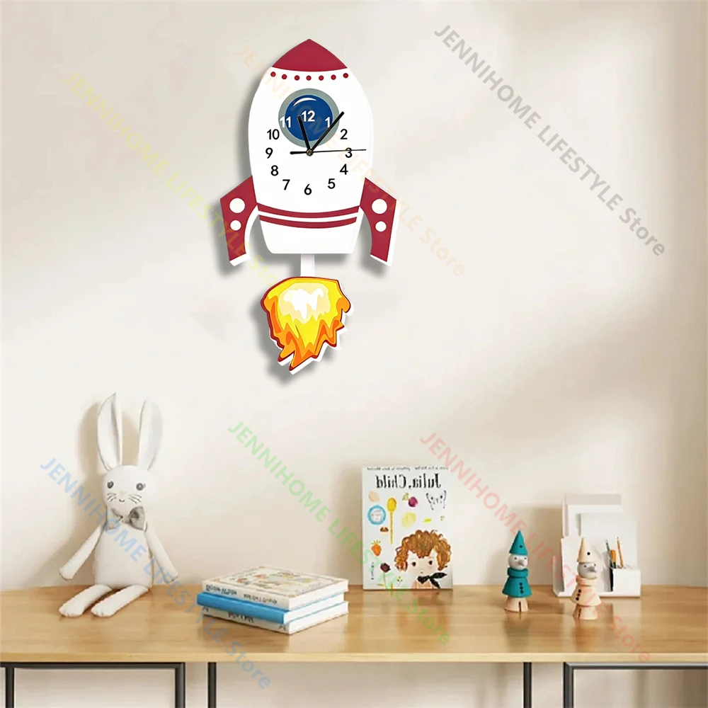 Rocket Pendulum Wall Clock Wall Mount Dinosaur Wall Watch Cute Animals DIY Decor for Home Bedroom Bird PVC Children's Gift - view 2