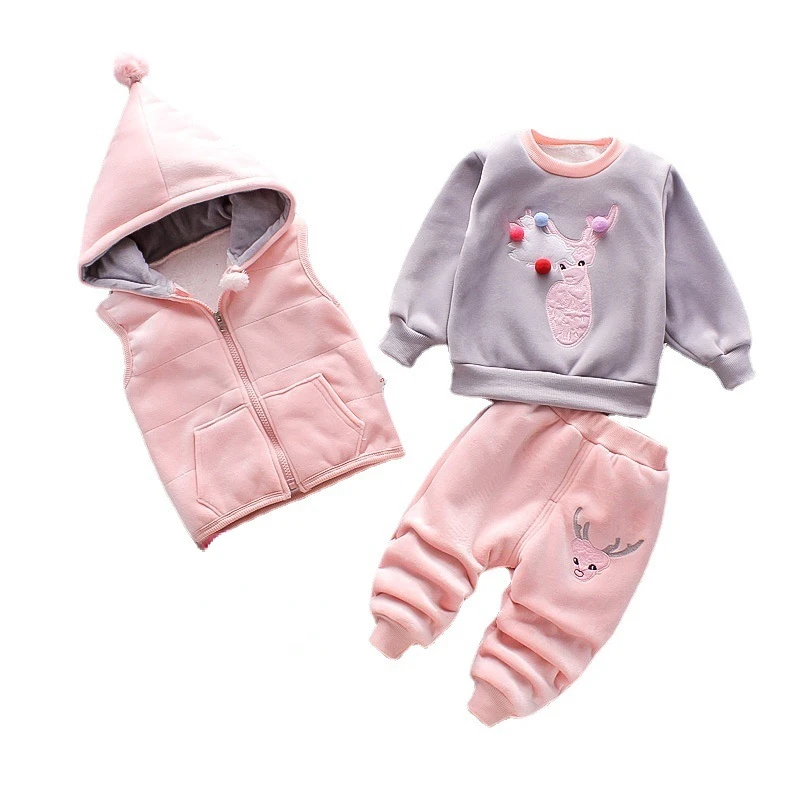 New Winter Baby Girl Clothes Suit Children Thick Warm Hooded Vest T-Shirt Pants 3Pcs/Sets Toddler Casual Costume Kids Tracksuits