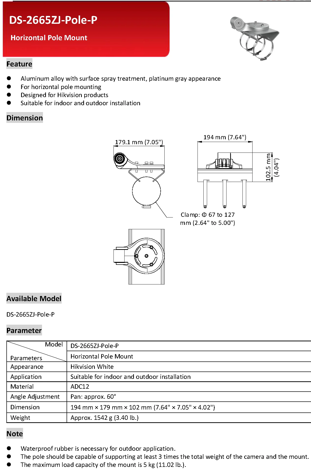 DS-2665ZJ-Pole-P кронштейн для камеры видеонаблюдения подходит для установки в помещении и на улице для установки на горизонтальном полюсе