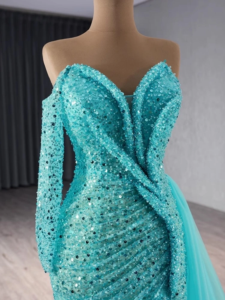 Customized Real Picture Ice Blue Women Formal Evening Dresses One Long Sleeve Sequined Mermaid Wedding Party Dress Prom Pageant