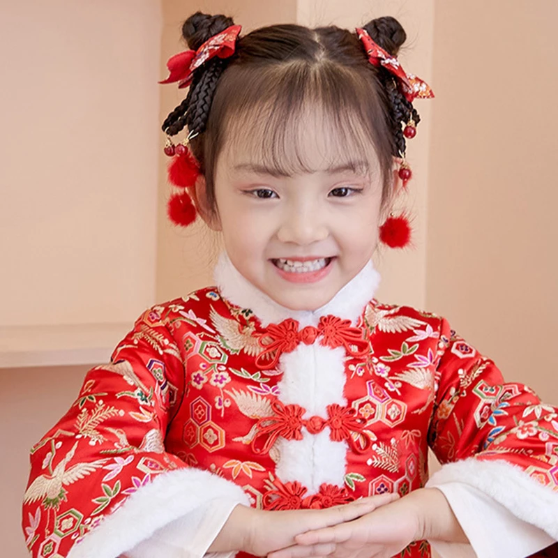 New Year Headwear for Kids Chinese Style Wigs Braided Hair Clips Hanfu Red Tassel Hairpins Girl Hair Accessory New Year Gift