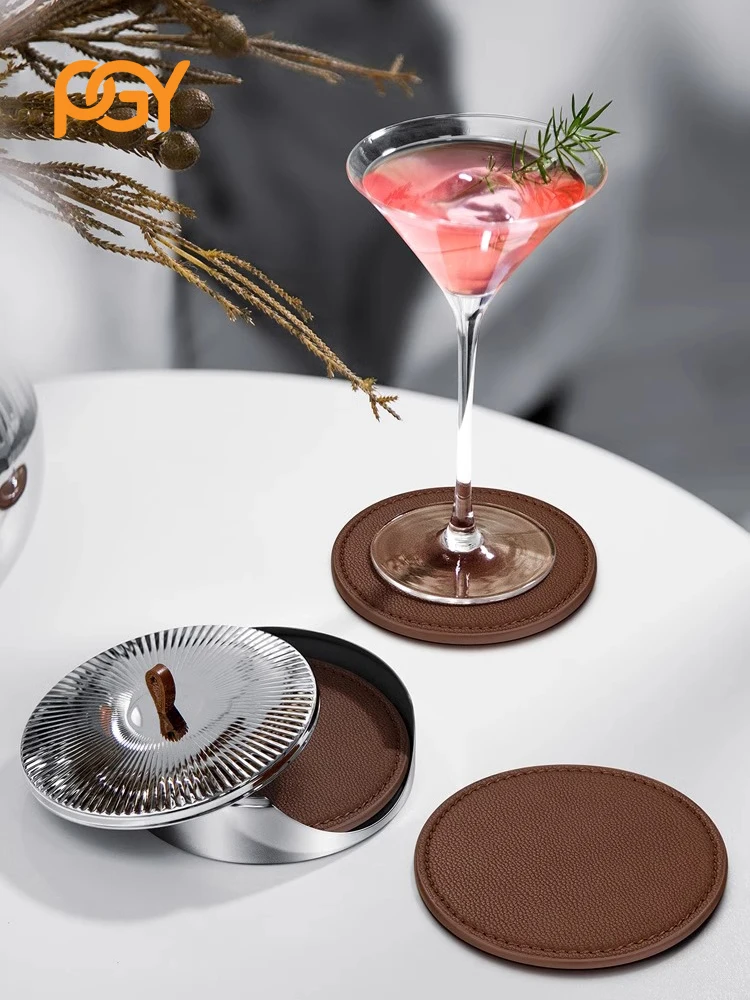 4PCS Luxury Leather Coasters with Stainless Steel Container, Premium Drink Mats for Home Decor, Bar, Office