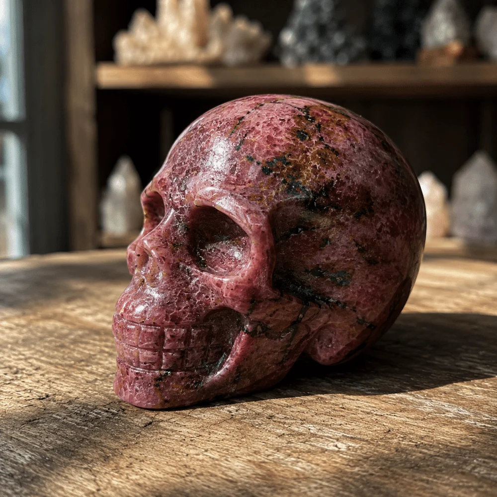 1pc Random Rhodonite Skull Sculpture, Handcrafted Polished Stone Carving, Pink Mineral Art Statue, Detailed Skull Artwork