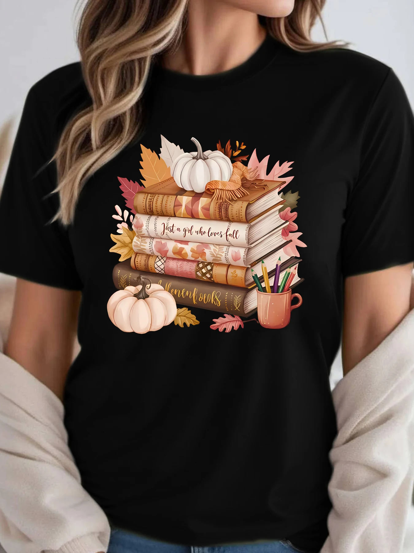 

Pumpkin and book pattern ladies trend casual short-sleeved T-shirt summer daily coat fashion women clothing