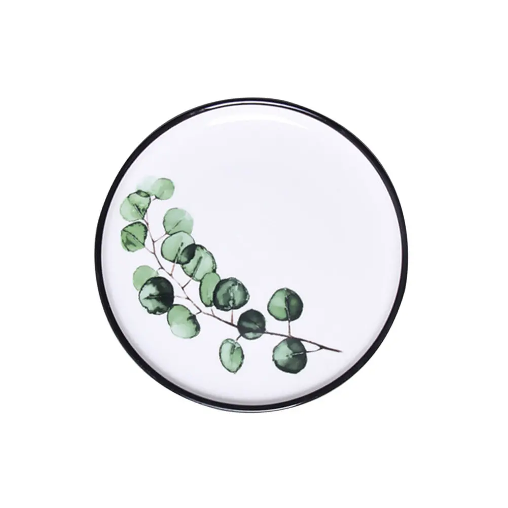 8 Inch Nordic Style Round Ceramic Plate with Hand-Painted Eucalyptus Leaves Smooth Edge Eco-Friendly Dish Fruit Steak Breakfast