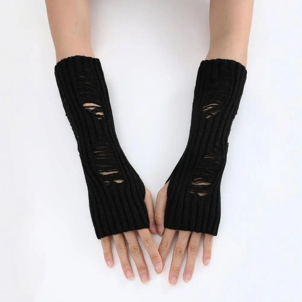 Guantes de punto sin dedos para ciclismo, calentadores de brazos para otoño e invierno, antideslizantes, alta elasticidad, diseño rasgado, mantienen