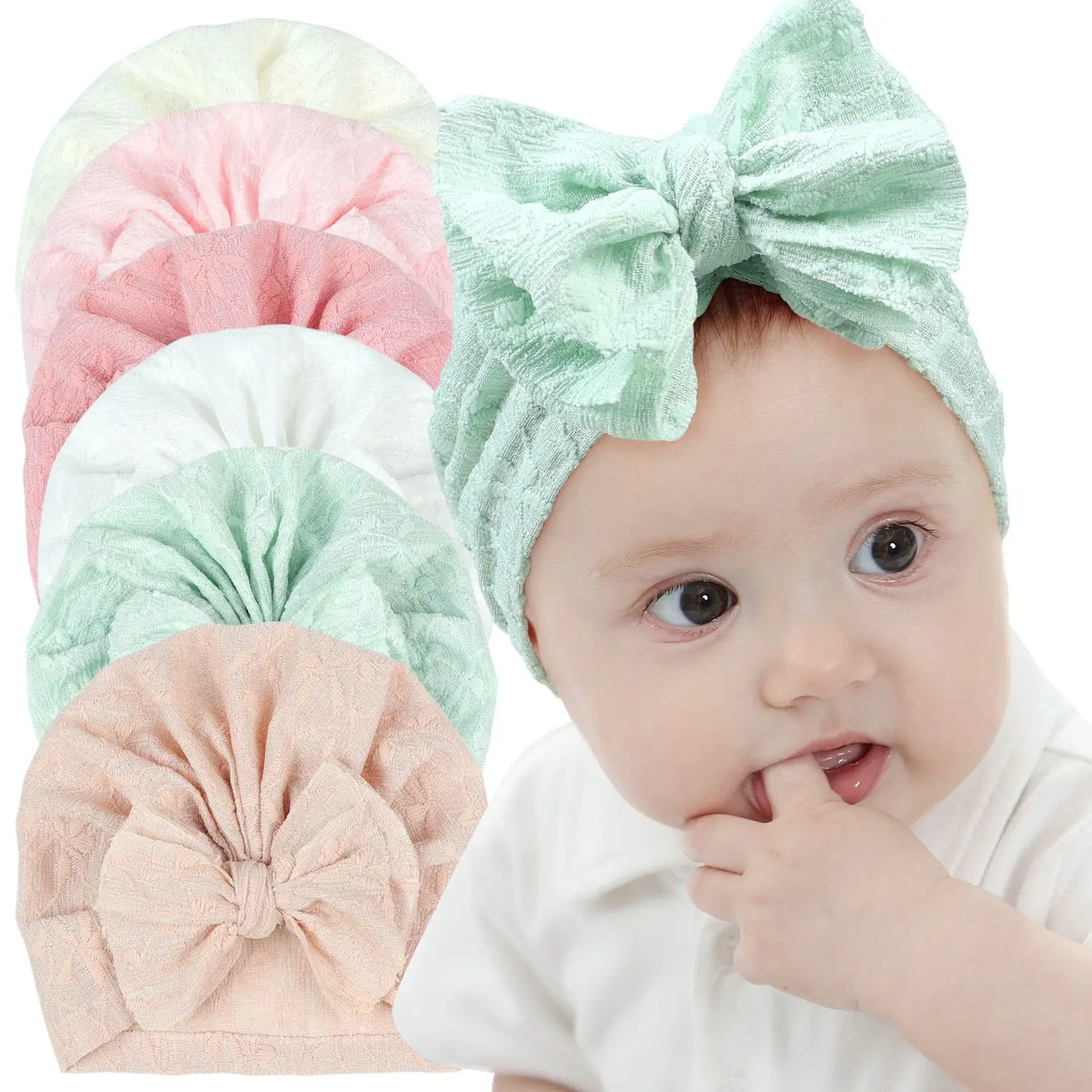 New Lace Embroidered Turban Bowknot Head Waps Toddler Babes Hat for Kids Girls Boys Cotton Beanie Caps Baby Photo Props Headwear