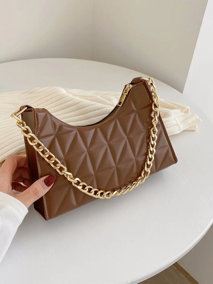 

Brown Quilted Chain Strap Underarm Bag with Gold Hardware
