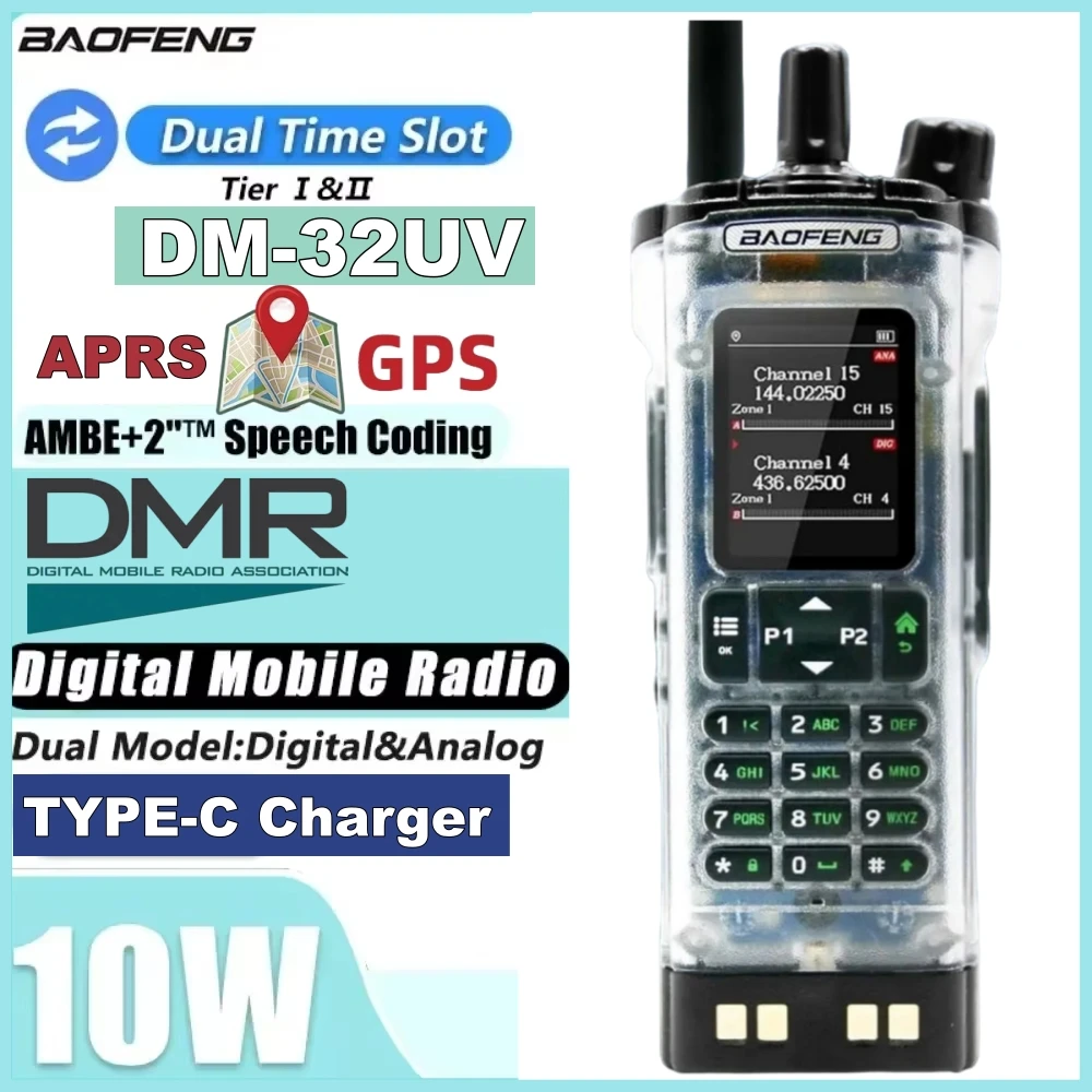 BAOFENG DM-32 Walkie Talkie DMR GPS APRS 10W Programmering Multi Band Draadloze Kopieerfrequentie Type-C Opname Ham Tweeweg Raidos