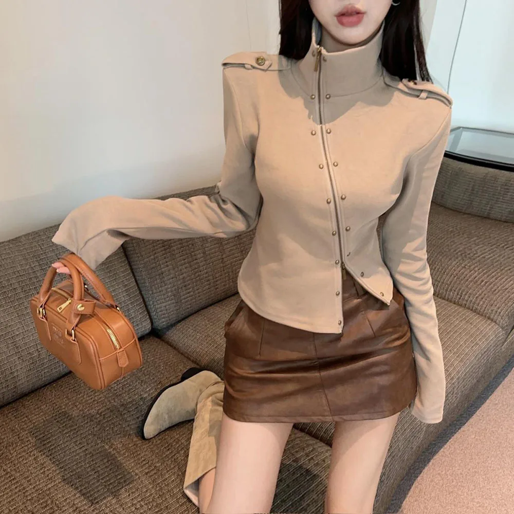 Women's Sweatshirt Fashion Rivet Hoodie Female Clothing Women's Sweatshots Cropped Jacket Oversize Korean Coat Outerwear Woman