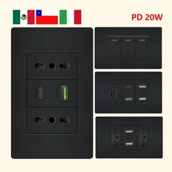 Itália chile méxico tomada com usb inteligente tipo-c 20w tomada de parede de carregamento rápido, interruptor de luz elétrica brasileira tomada de energia usb dupla