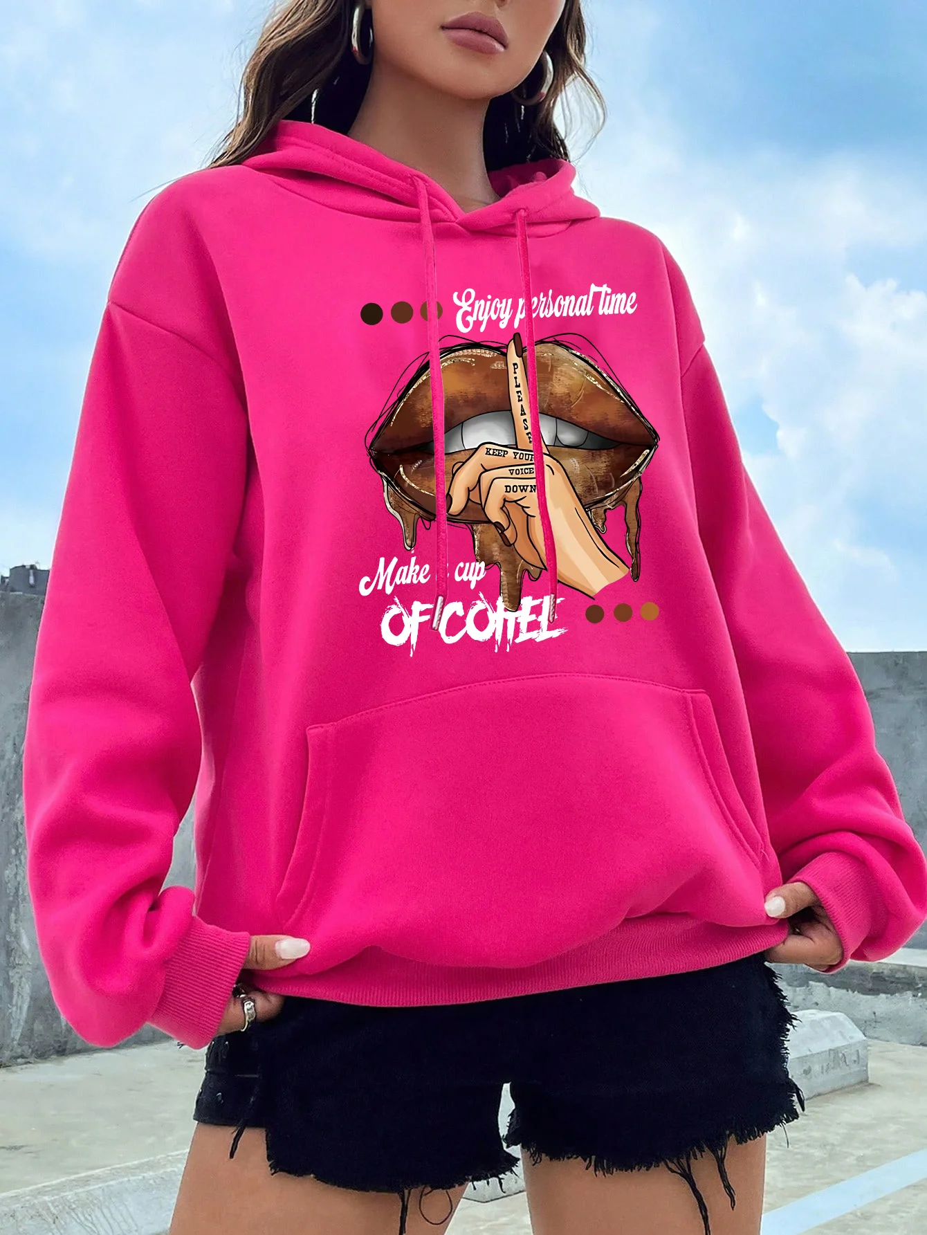 

Fashion lip print print hoodie, casual women's long-sleeved hoodie suitable for autumn and winter, women's hoodies, women's wear