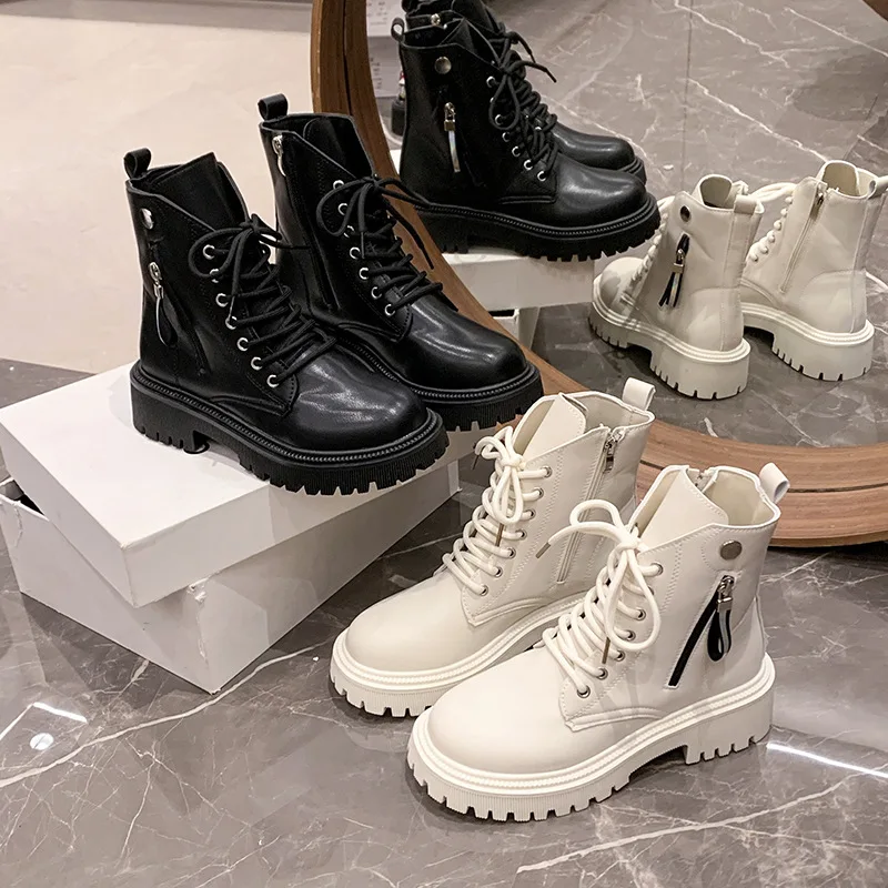 

Women's Leather Boots British Style Motorcycle Thick Sole Spring Autumn Thin fleece-lined winter sweet cool short boots