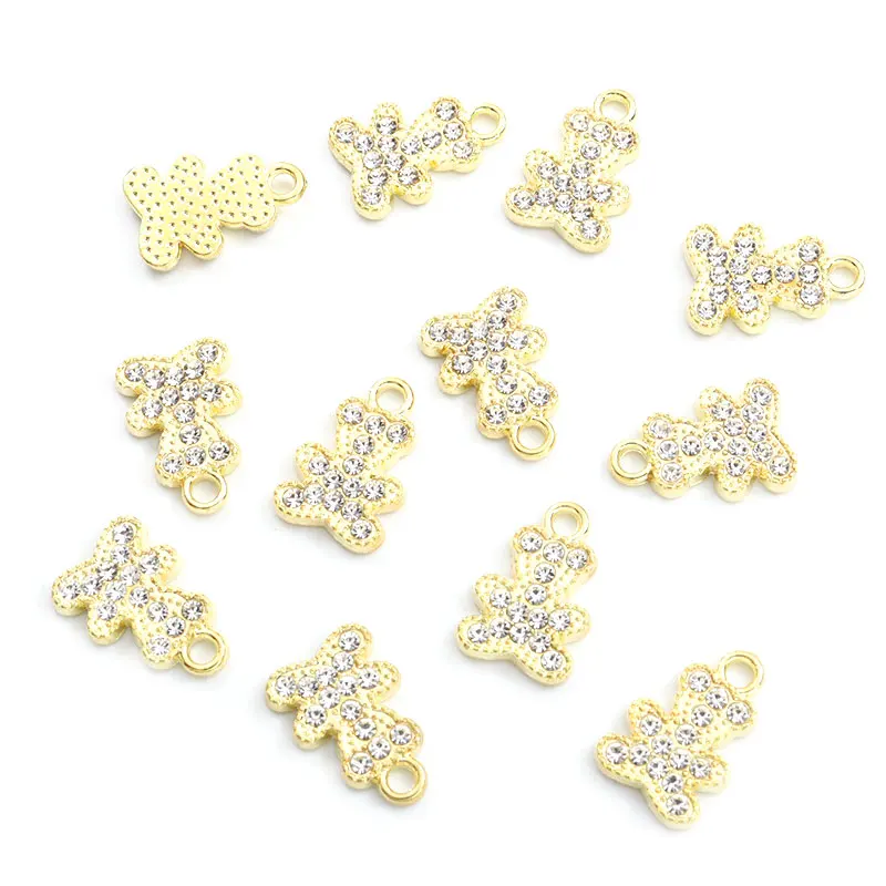 10pcs Cute Bear Metal Inlaid Crystals Charms 2 Colors Alloy Rhinestone Animal Pendant for Jewelry DIY Necklace Earrings Findings