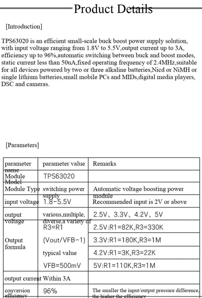 TPS63020 Leistungsmodul, automatische Spannungsregelung, 2,5 V, 3,3 V, 4,2 V, 5 V Lithiumbatterie, geringe Welligkeit – Detail 2