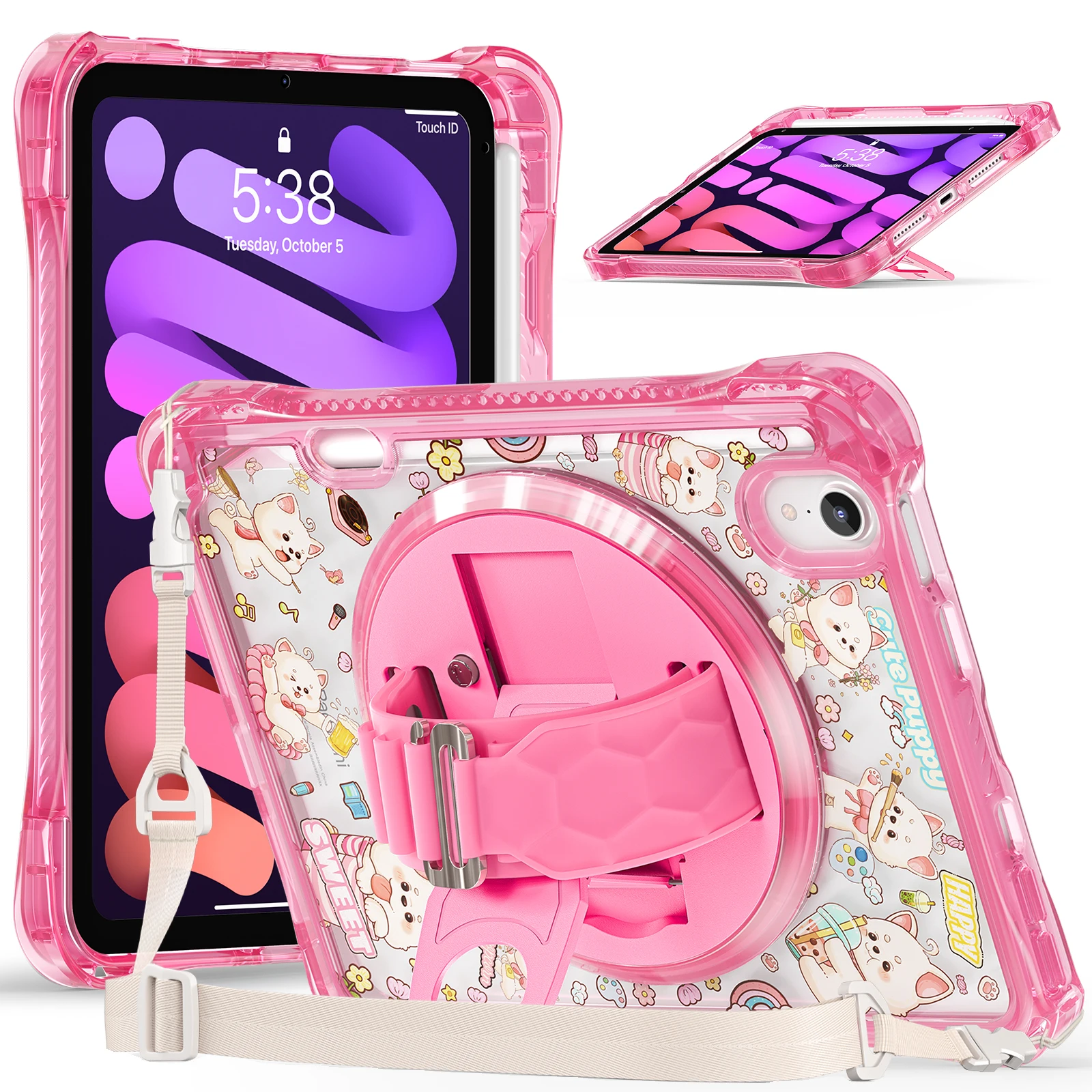 Tablet Case for iPad Mini 7 A17 Pro 2024 Kids Stand Cover with Shoulder Strap for iPad Mini 6 2021 Rotating bracket Case