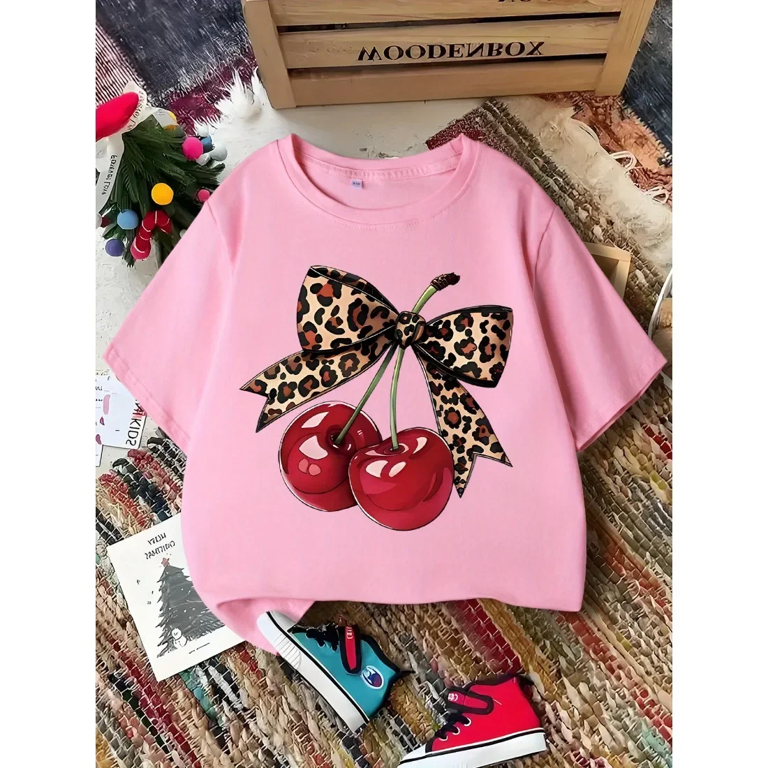 Children's T-shirt Soft Skin Friendly Breathable Loose Comfortable Casual and Fashionable Cherry Print Soft Pattern Top