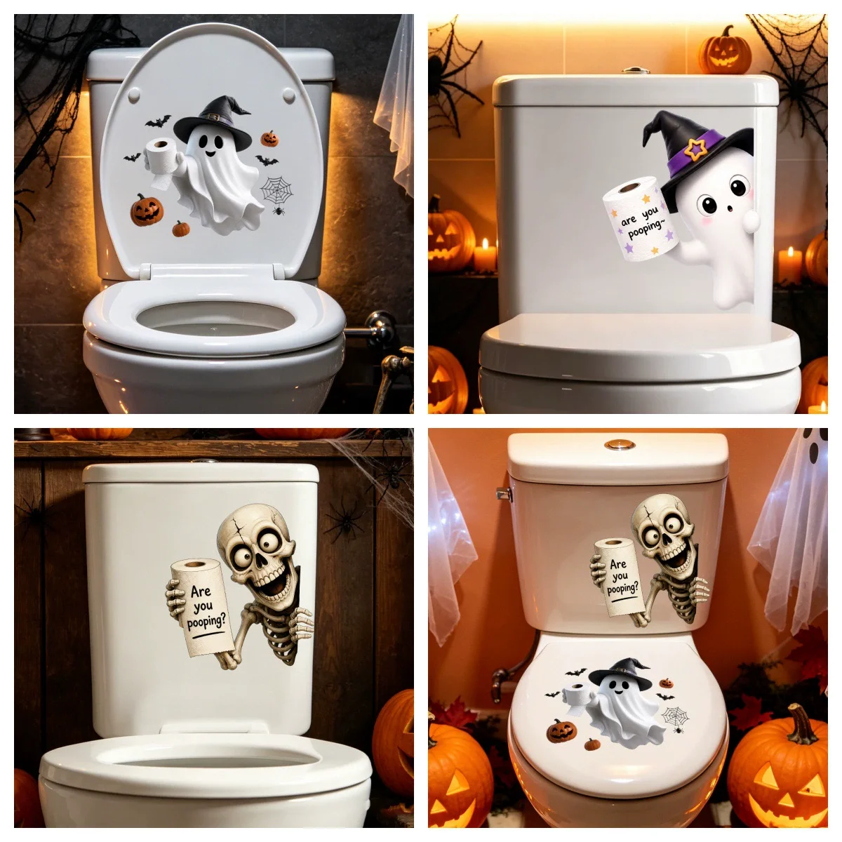 Halloween 2D Wall Breaker Ghost Skeleton Toilet Stickers Waterproof Removable Fun Creative Bathroom Wall Decals Decor