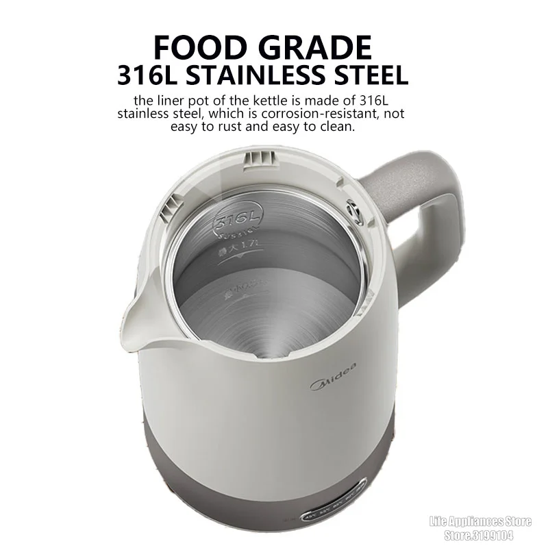 Midea ketel listrik keselamatan 1,7l, Ketel air isolasi termal tahan bocor untuk dapur rumah 316L MK-SH21-I baja tahan karat