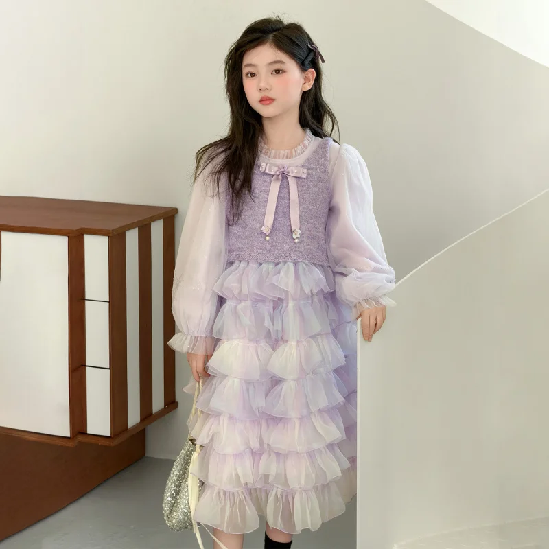Girl's Sweet Princess Style Mesh Cake Dress Set2026Spring stylish bow-tie multi-layered skirt dress