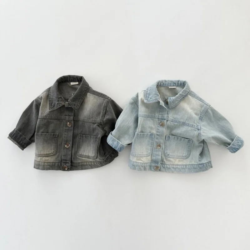 

children's clothing autumn new arrival for boys and girls turn down collar polished white cardigan denim jacket outwear