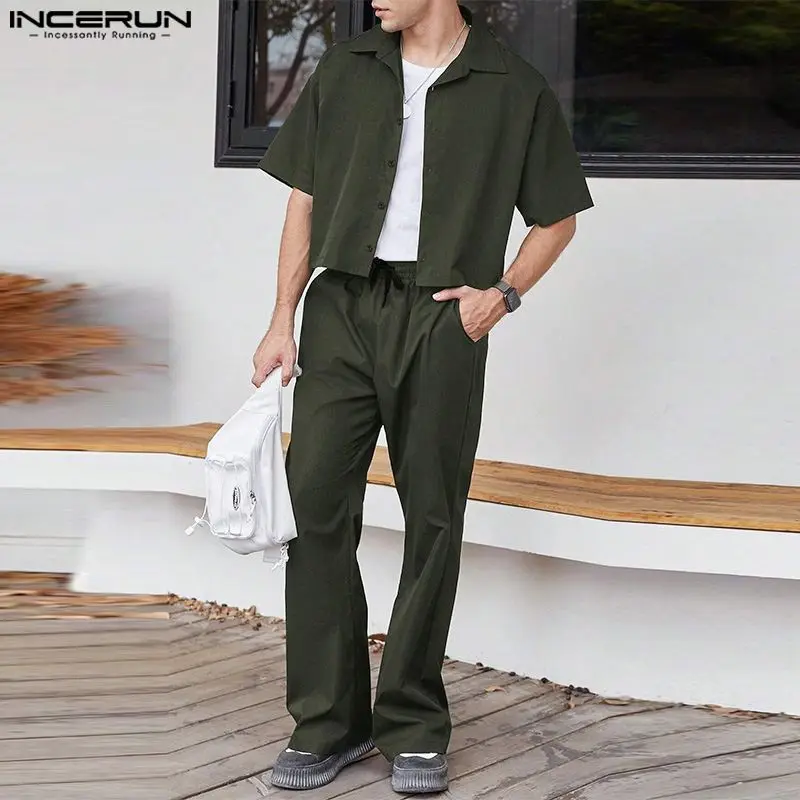 2024 Men Sets Solid Color Streetwear Lapel Short Sleeve Shirt & Pants Two Pieces Sets Fashion Men\'s Casual Suits S-5XL INCERUN