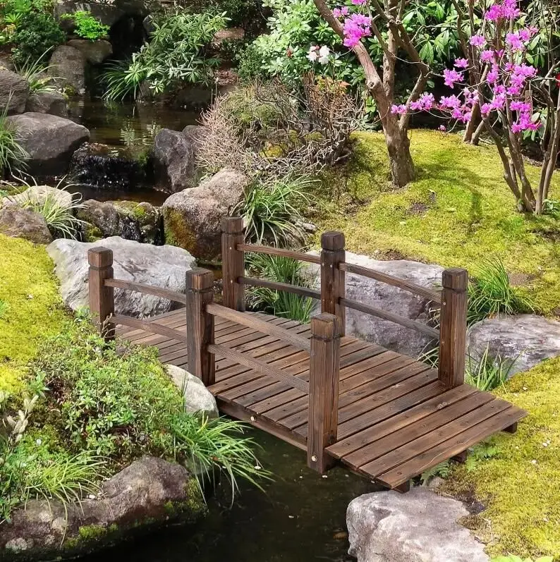 

For 5 ft Wooden Garden Bridge Arc Stained Finish Footbridge with Railings for your Backyard, Stained Wood