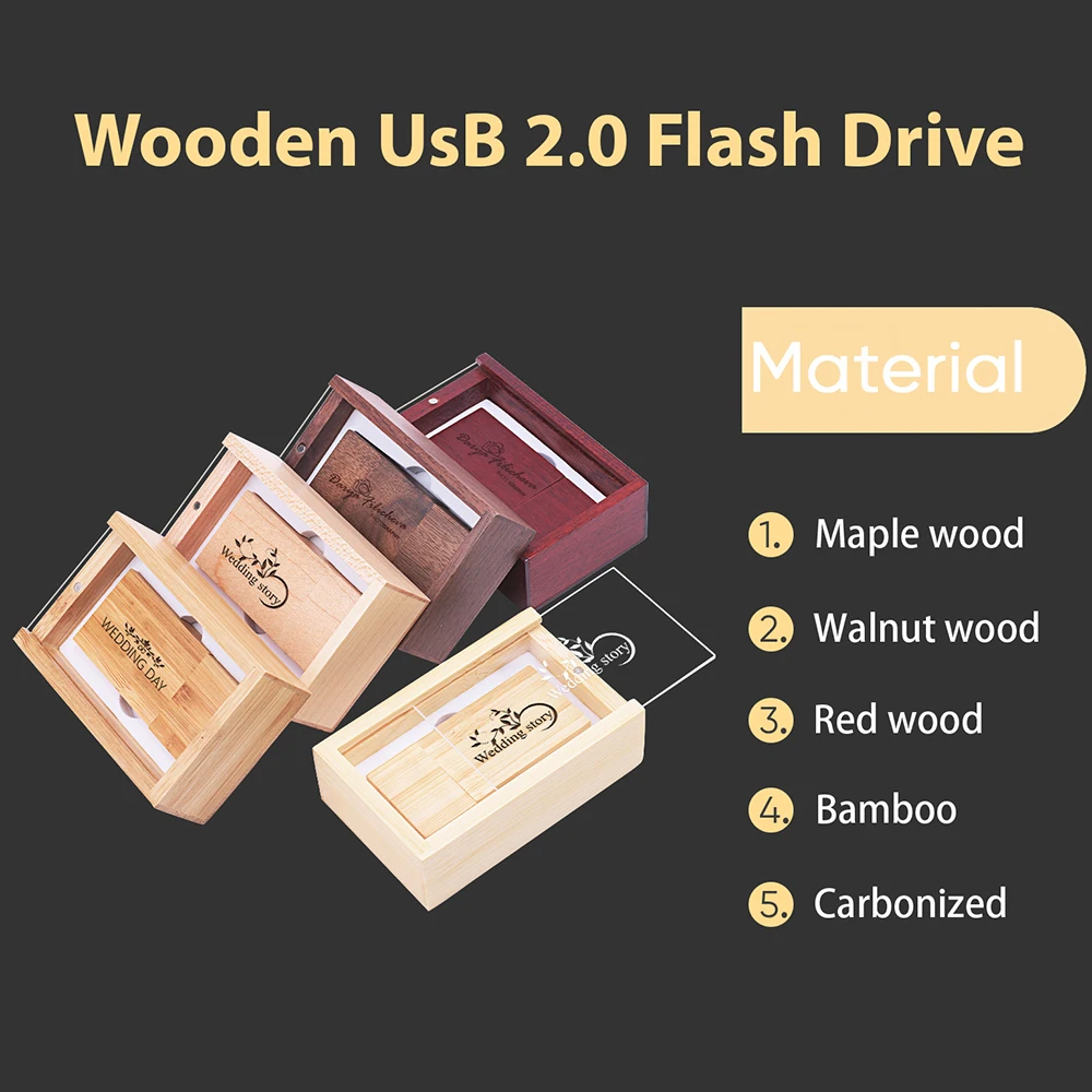 ใหม่ไม้ USB Flash Drive 128GB ฟรีโลโก้ที่กําหนดเอง Memory Stick 64GB ฝาปิดโปร่งใสกล่อง Pendrive 32GB การถ่ายภาพงานแต่งงานของขวัญ