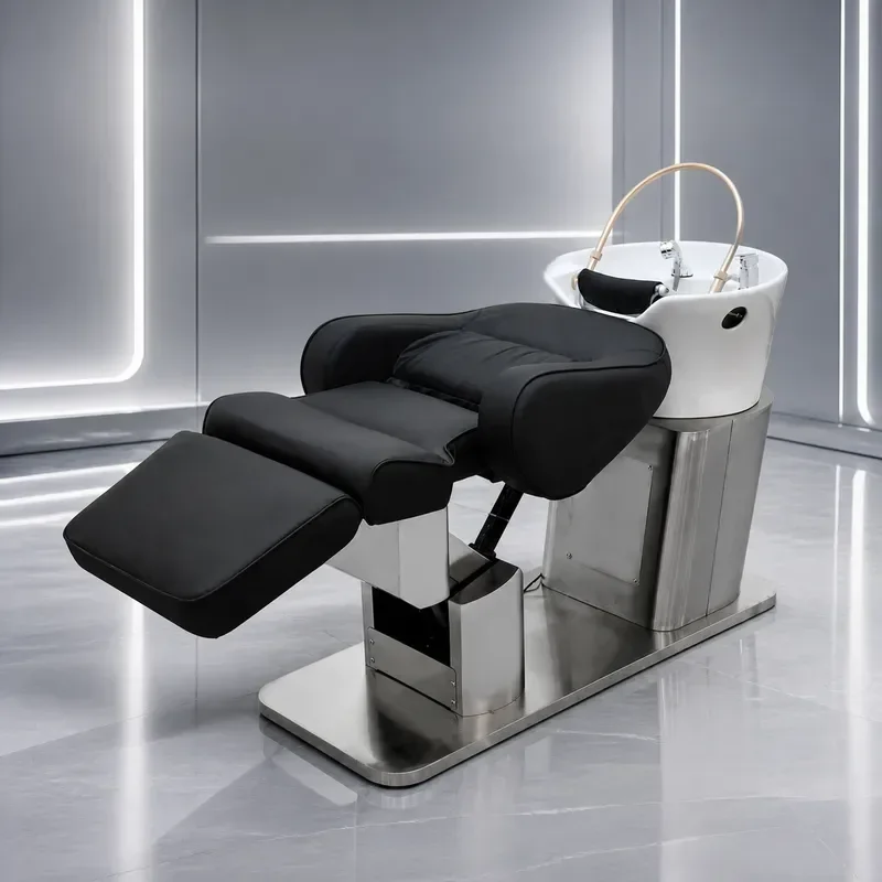 Bohore Ceramic Basin Electric Lift Shampoo Bed with Water Circulation Fumigation Heater Semi Reclining Flush Bed for Hair