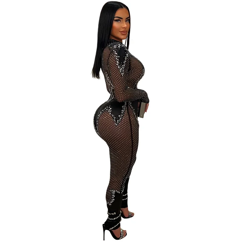 New 2024 Women Long Sleeve Black See Through Mesh Skinny Jumpsuit Rhinestone High Neck Sexy Night Club Party Jumpsuits Rompers