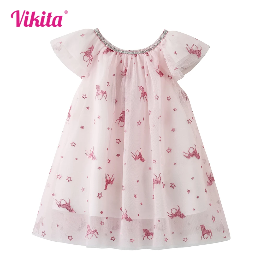 

VIKITA Girls O Neck Summer Dress Kids Licorne Star Print Mesh Tulle Birthday Party Prom Gown Princess Vestidos Kids Clothes